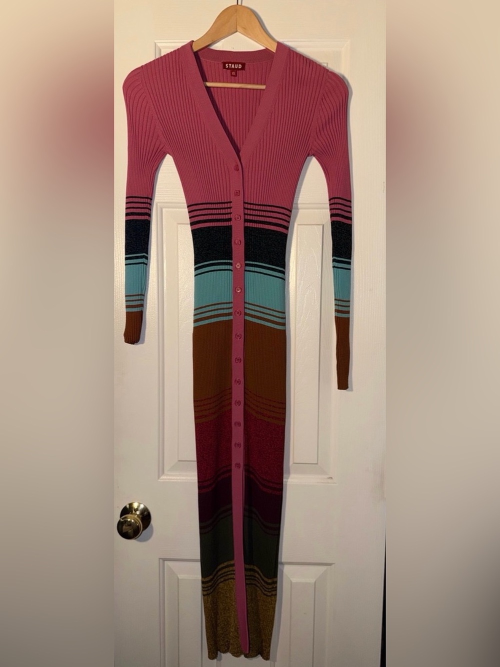 STAUD Ribbed Button-Front Maxi Dress in Pink, Black, Teal, Brown, Gold. XS